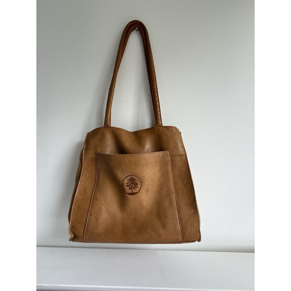 Vintage Tan Leather Tote Shoulder Bag Tree Logo Monogram NJS Unbranded